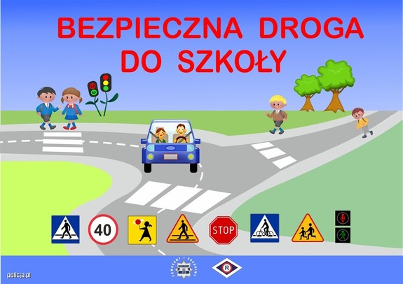 Animowany obrazek: droga, trawnik przejście dla pieszych ze znaki, na niebieskim tle napis koloru czerwonego &quot;bezpieczna droga do szkoły&quot;