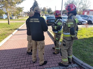 Czterech stojących strażaków. W tle zaparkowane samochody.