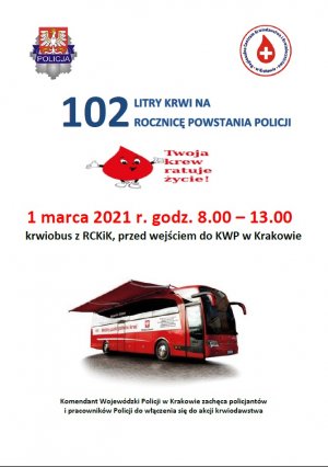 Plakat informujący o akcji krwiodawstwa, która odbędzie się 1 marca 2021 roku przed wejściem do budynku Komendy Wojewódzkiej Policji w Krakowie.