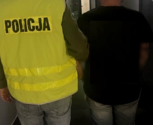 Po lewej stronie nieumundurowany policjant w kamizelce odblaskowej z napisem Policja, który trzyma zatrzymanego mężczyznę. Osoby są tyłem.