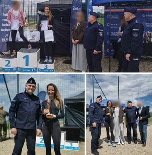 Po lewej stronie dwie dziewczyny stojące na podium, obok dwóch policjantów i dwie kobiety, poniżej umundurowany policjant i dziewczyna trzymająca puchar, a obok dwaj policjanci, diwe kobiety i mężczyzna w stroju cywilnym.