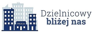 Na białym tle, po lewej stronie niebieski budynek z napisem Policja, po prawej napis Dzielnicowy Bliżej Nas