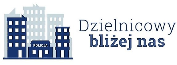 Na białym tle, po lewej stronie niebieski budynek z napisem Policja, po prawej napis Dzielnicowy Bliżej Nas