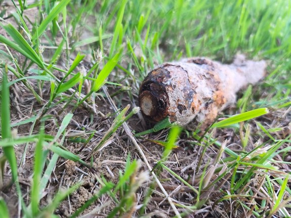 Pocisk moździerzowy na trawie