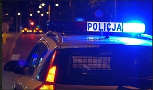 Tył oznakowanego radiowozu w wieczorowej porze