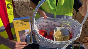 W koszyku jabłka i cytryny i po lewej stronie ulotka z napisem Noś odblaski bądź bezpieczny