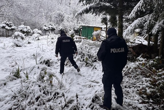 Dwóch policjantów  idących w lesie, pora zimowa