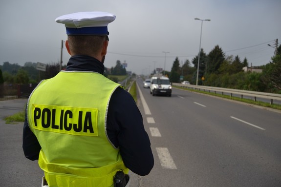Policjant ruchu drogowego w odblaskowej kamizelce stojący tyłem. W tle samochód jadący po drodze.