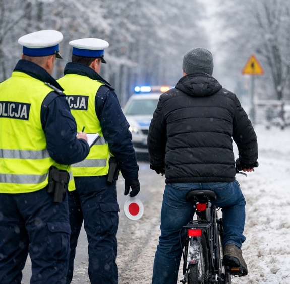 Dwóch policjantów ruchu drogowego w odblaskowych kamizelkach. Po prawej mężczyzna na rowerze