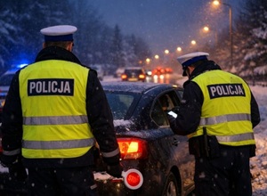 Dwóch policjantów ruchu drogowego i pojazd zatrzymany do kontroli drogowej. W tle inne samochody.