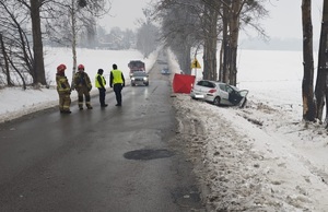 Miejsce śmiertelnego wypadku drogowego, widoczny rozbity samochód, parawan oraz policjanci i strażacy.