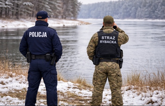 Na tle zbiornika wodnego stoi policjant i przedstawiciel Straży Rybackiej. Osoby są tyłem,