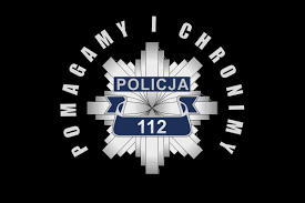 Na czarnym tle odznaka policyjna z napisem Policja 112. Wokoło napis Pomagamy i chronimy.
