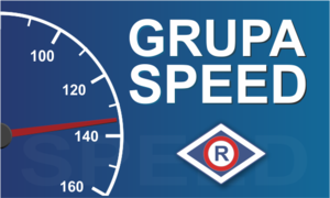 Na niebieski tle napis Grupa SPEED i logo ruchu drogowego. Po lewej wskaźnik prędkości