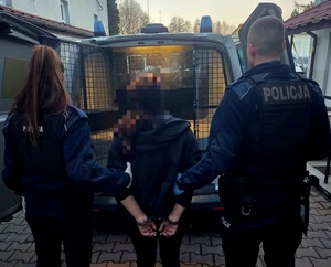 Policjant i policjantka, którzy trzymają kobietę, która ma założone kajdanki na rękach z tyłu. W tle radiowóz