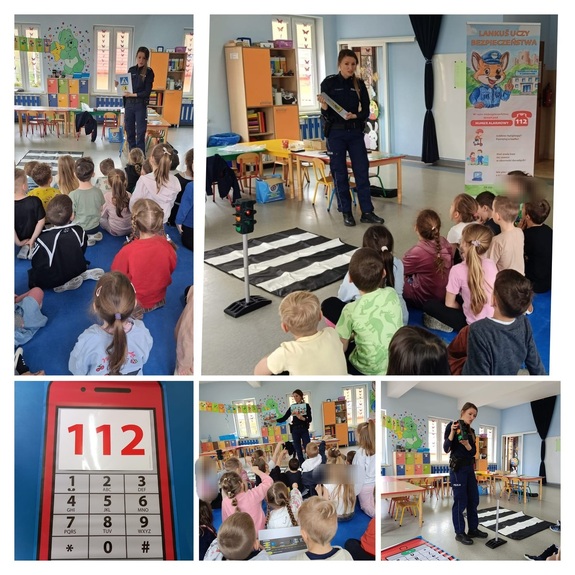 Na zdjęciach policjantka i grupa siedzących przed nią dzieci. Pokazuje różne przedmioty związane z drogą i przechodzeniem przez jezdnie.