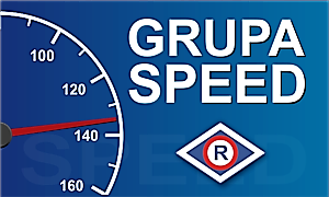 Po lewej stronie zdjęcia licznik, po prawej napis grupa SPEED i logo ruchu drogowego
