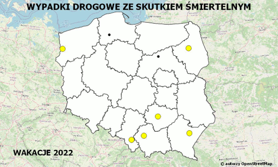 Mapa Polski z zaznaczonymi punktami, gdzie doszło do wypadków drogowych ze skutkiem śmiertelnym.