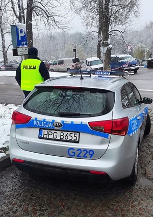 Oznakowany radiowóz i stojący obok niego umundurowany policjant w kamizelce odblaskowej z napisem Policja. W tle zaparkowane samochody.